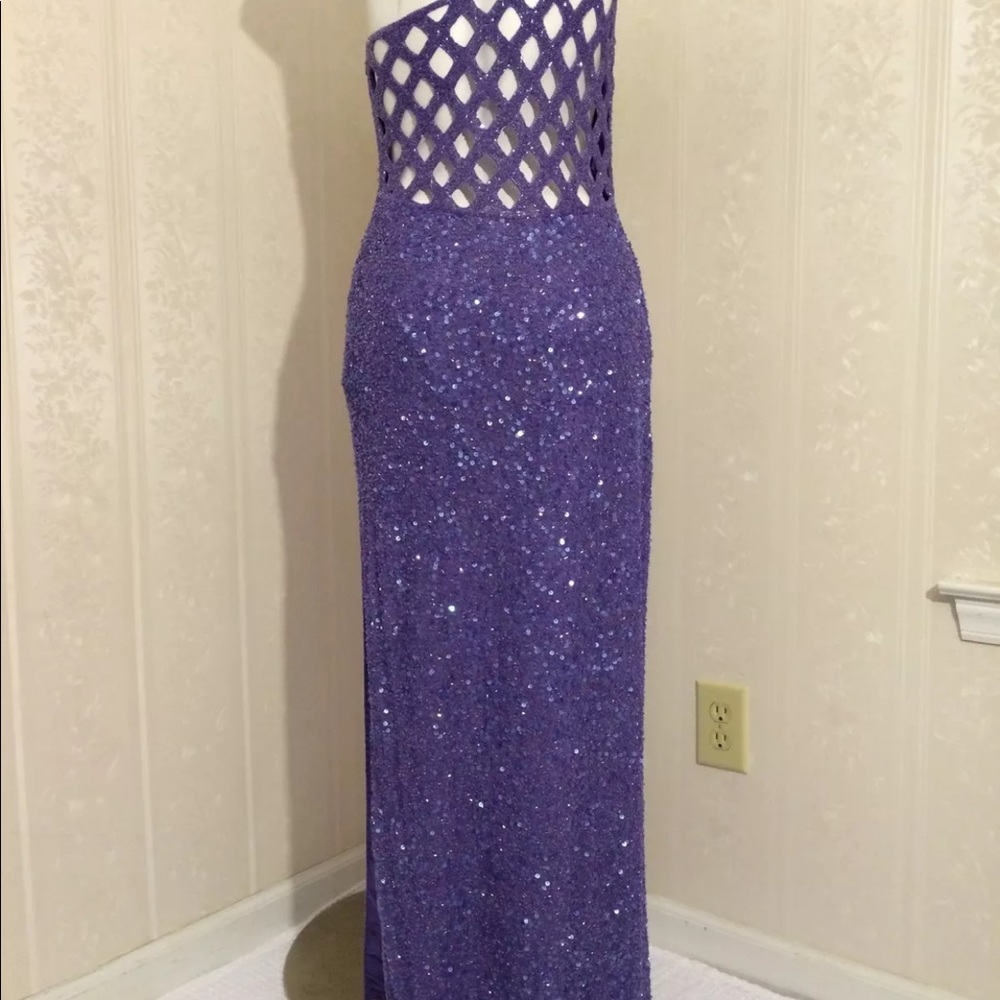 SOLD! One Shoulder Sequin Purple Silk Dress Large - Picture 3 of 8